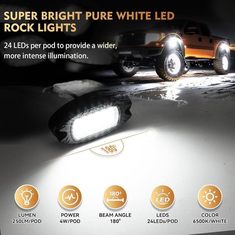 ZONECONA 20Pods Aluminum Housing Plug and Play All Pure White LED Rock Lights Kit with Switch Harness Wiring Extension, Quick Connect 6500K Metal Underglow 12V Waterproof for Semi Trucks Pickup Jeep Offroad RV - Image 2
